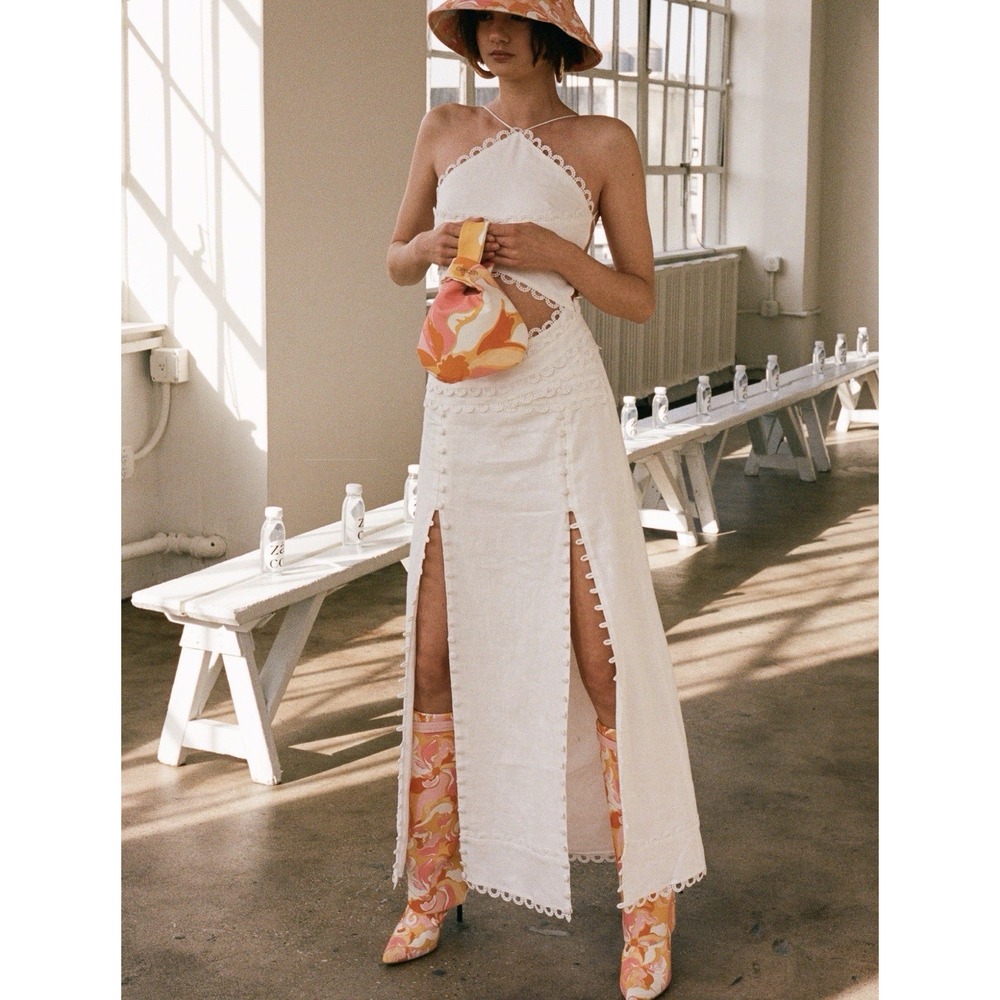 Zaco Australia White Linen Dress Runway Terra Beach Resort Halter Cutout Luxury